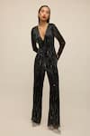 Buy_House of eda_Black Shell 100% Nylon Hand Embellished Bead Plunge V Milla Wide Leg Jumpsuit _at_Aza_Fashions