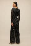 Shop_House of eda_Black Shell 100% Nylon Hand Embellished Bead Plunge V Milla Wide Leg Jumpsuit _at_Aza_Fashions