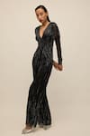 House of eda_Black Shell 100% Nylon Hand Embellished Bead Plunge V Milla Wide Leg Jumpsuit _Online_at_Aza_Fashions