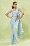 Buy_Samyukta Singhania_Aqua Satin Sequins Asymmetric Rosa Embroidered Pre-draped Ruffle Saree Set_Online_at_Aza_Fashions