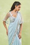 Shop_Samyukta Singhania_Aqua Satin Sequins Asymmetric Rosa Embroidered Pre-draped Ruffle Saree Set_Online_at_Aza_Fashions