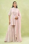 Buy_Samyukta Singhania_Pink Georgette Sequins, Beads High Neck Embroidered Peplum Kurta Set