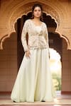 Buy_Samyukta Singhania_Cream Raw Silk Hand Embroidery Thread Blouse Mirror Jacket And Skirt Set _at_Aza_Fashions