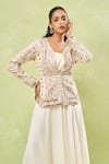 Buy_Samyukta Singhania_Cream Raw Silk Hand Embroidery Thread Blouse Mirror Jacket And Skirt Set _Online_at_Aza_Fashions