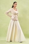 Buy_Samyukta Singhania_Cream Raw Silk Hand Embroidery Thread Blouse Mirror Jacket And Skirt Set 