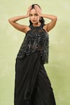 Buy_Samyukta Singhania_Black Net Hand Embroidery Bead Blouse Sweetheart Jacket And Draped Skirt Set _Online_at_Aza_Fashions