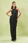 Shop_Samyukta Singhania_Black Net Hand Embroidery Bead Blouse Sweetheart Jacket And Draped Skirt Set 