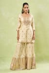 Shop_Samyukta Singhania_Beige Tussar Gota Patti, Sequins, Zari, Embroidery Scoop Thread Sharara Set _Online_at_Aza_Fashions