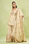 Buy_Samyukta Singhania_Beige Tussar Gota Patti, Sequins, Zari, Embroidery Scoop Thread Sharara Set 