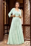 Buy_Samyukta Singhania_Blue Georgette Hand Embroidery Geometric Blouse Bead Jacket Sharara Set _at_Aza_Fashions