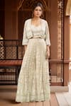 Buy_Samyukta Singhania_Beige Georgette Hand Embroidery Floral Blouse Bead Paisley Jacket Sharara Set _at_Aza_Fashions