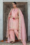 Buy_MONK & MEI BY SONIA ANAND_Pink Velvet Embroidered Gota Notched Floral Kurta Pant Set _at_Aza_Fashions