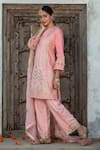 MONK & MEI BY SONIA ANAND_Pink Velvet Embroidered Gota Notched Floral Kurta Pant Set _at_Aza_Fashions