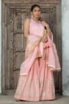 Buy_MONK & MEI BY SONIA ANAND_Pink Velvet Embroidered Gota V-neck Tie-up Kurta Sharara Set _Online_at_Aza_Fashions