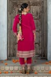 MONK & MEI BY SONIA ANAND_Fuchsia Velvet Embroidered Gota Keyhole Hem Kurta Pant Set _Online_at_Aza_Fashions