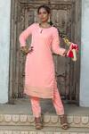 Buy_MONK & MEI BY SONIA ANAND_Pink Velvet Embroidered Gota Keyhole Work Hem Kurta Pant Set _Online_at_Aza_Fashions