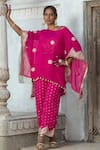 Buy_MONK & MEI BY SONIA ANAND_Fuchsia Velvet Embroidered Gota Kaftan Round Floral Cape Pant Set _at_Aza_Fashions