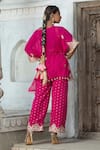 MONK & MEI BY SONIA ANAND_Fuchsia Velvet Embroidered Gota Kaftan Round Floral Cape Pant Set _Online_at_Aza_Fashions