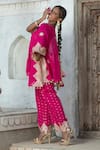 Shop_MONK & MEI BY SONIA ANAND_Fuchsia Velvet Embroidered Gota Kaftan Round Floral Cape Pant Set _Online_at_Aza_Fashions