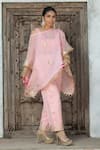 Buy_MONK & MEI BY SONIA ANAND_Pink Velvet Embroidered Gota Kaftan Round Floral Cape Pant Set _at_Aza_Fashions