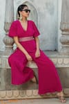 Buy_MONK & MEI BY SONIA ANAND_Fuchsia Velvet Embroidered Gota V-neck Jumpsuit With Belt _at_Aza_Fashions