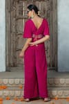 MONK & MEI BY SONIA ANAND_Fuchsia Velvet Embroidered Gota V-neck Jumpsuit With Belt _Online_at_Aza_Fashions