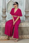 Buy_MONK & MEI BY SONIA ANAND_Fuchsia Velvet Embroidered Gota V-neck Jumpsuit With Belt _Online_at_Aza_Fashions