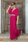 Shop_MONK & MEI BY SONIA ANAND_Fuchsia Velvet Embroidered Gota V-neck Jumpsuit With Belt _Online_at_Aza_Fashions