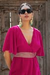 MONK & MEI BY SONIA ANAND_Fuchsia Velvet Embroidered Gota V-neck Jumpsuit With Belt _at_Aza_Fashions