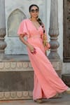 Buy_MONK & MEI BY SONIA ANAND_Pink Velvet Embroidered Gota V-neck Jumpsuit With Belt _at_Aza_Fashions