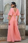 MONK & MEI BY SONIA ANAND_Pink Velvet Embroidered Gota V-neck Jumpsuit With Belt _Online_at_Aza_Fashions