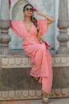 MONK & MEI BY SONIA ANAND_Pink Velvet Embroidered Gota V-neck Jumpsuit With Belt _at_Aza_Fashions