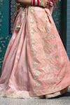 Buy_MONK & MEI BY SONIA ANAND_Pink Velvet Embroidered Gota Scoop Butti Work Lehenga Set With Side Tie Cape _Online_at_Aza_Fashions