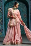 Buy_MONK & MEI BY SONIA ANAND_Pink Velvet Embroidered Gota V-neck Butti Lehenga Kurta Set _Online_at_Aza_Fashions