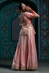 MONK & MEI BY SONIA ANAND_Pink Velvet Embroidered Gota V-neck Butti Lehenga Kurta Set _at_Aza_Fashions