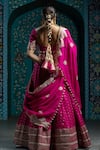 MONK & MEI BY SONIA ANAND_Fuchsia Velvet Embroidered Gota Sweetheart Stripe Hem Lehenga Set _Online_at_Aza_Fashions