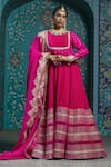 Buy_MONK & MEI BY SONIA ANAND_Fuchsia Velvet Embroidered Gota Round Striped Hem Anarkali With Dupatta _at_Aza_Fashions