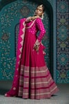 Buy_MONK & MEI BY SONIA ANAND_Fuchsia Velvet Embroidered Gota Round Striped Hem Anarkali With Dupatta _Online_at_Aza_Fashions