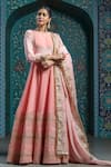 Buy_MONK & MEI BY SONIA ANAND_Pink Velvet Embroidered Gota Round Striped Hem Anarkali With Dupatta _at_Aza_Fashions