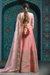 MONK & MEI BY SONIA ANAND_Pink Velvet Embroidered Gota Round Striped Hem Anarkali With Dupatta _Online_at_Aza_Fashions