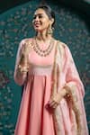 Shop_MONK & MEI BY SONIA ANAND_Pink Velvet Embroidered Gota Round Striped Hem Anarkali With Dupatta _Online_at_Aza_Fashions