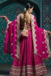 Shop_MONK & MEI BY SONIA ANAND_Fuchsia Velvet Embroidered Gota Scoop Butti Lehenga Set _Online_at_Aza_Fashions