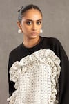 POOJA SHROFF_Black Tweed Embellished Pearl Round Noir Mystique Ruffle Long Sweatshirt _Online_at_Aza_Fashions