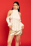 POOJA SHROFF_Off White Solid High Collar Empress Knitted Sweater _Online_at_Aza_Fashions