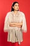 Buy_POOJA SHROFF_Beige Knit Open Caramel Textured Cape _at_Aza_Fashions