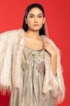 POOJA SHROFF_Beige Knit Open Caramel Textured Cape _Online_at_Aza_Fashions