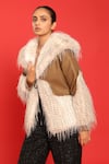 POOJA SHROFF_White Knitted Shawl Collar Classic Suede Jacket _Online_at_Aza_Fashions