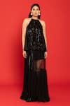 Buy_POOJA SHROFF_Black Velvet Embellished Sequin Applique Halter Neck Etoile Top _at_Aza_Fashions