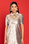 POOJA SHROFF_Grey Velvet Embellished Stone Peter Pan Collar Vision Placed Dress _Online_at_Aza_Fashions