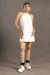 Buy_POOJA SHROFF_White Denim Embellished Sequin Halter Dress _at_Aza_Fashions